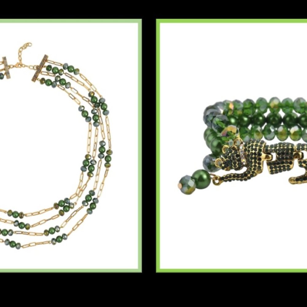 SET Austrian Crystal Leopard Green Faceted Glass Pearl Beads Necklace Bracelet